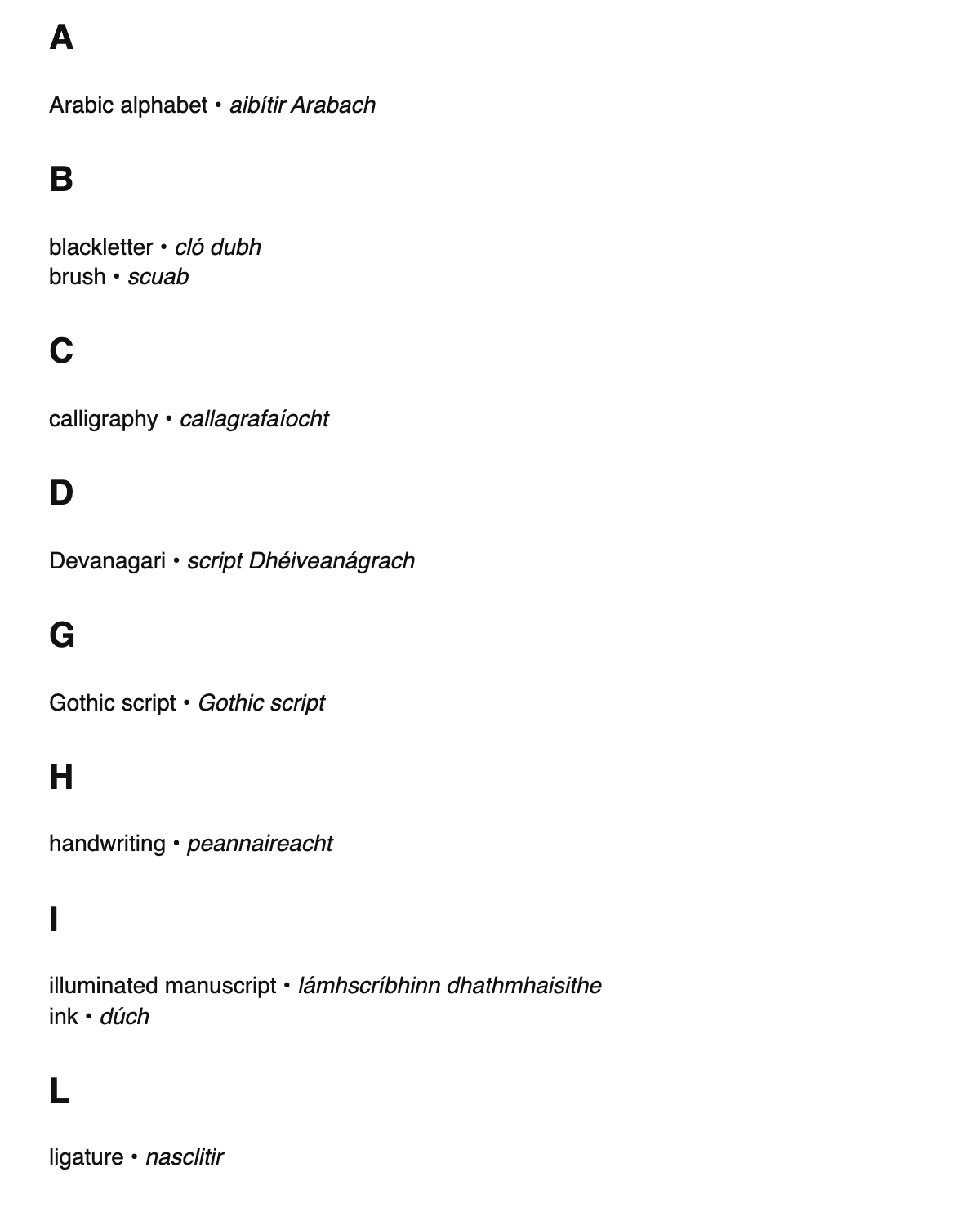 Calligraphy terms in Irish
