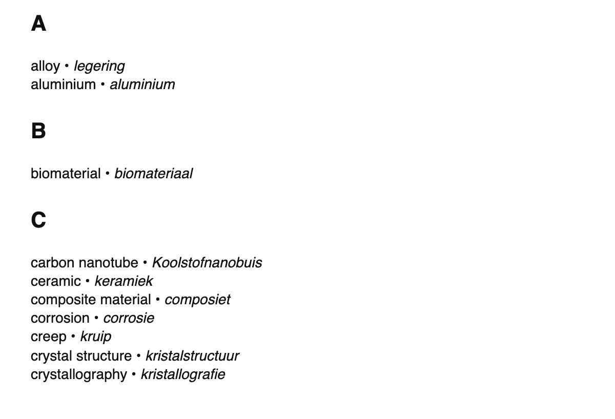 Materials science terms in Dutch