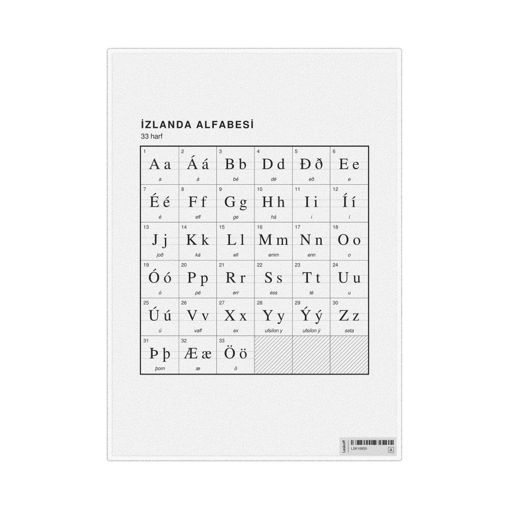 Leskoff Icelandic Alphabet Chart, 8.3 x 11.7 in (21.0 x 29.7 cm, Desk Chart, Laminated), Turkish-Labeled, image 1 of 2