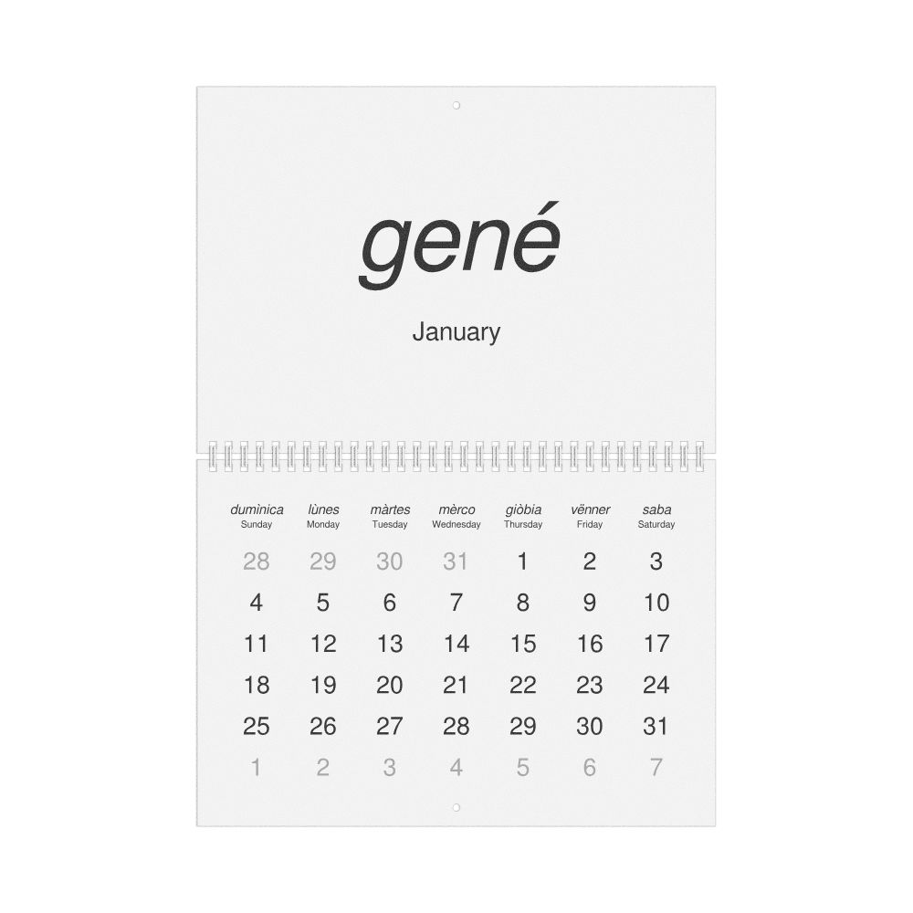 Leskoff 2026 Wall Calendar, Piedmontese/English-Labeled, Sunday-Start Layout, Wire-Bound, 11.7 x 8.3 in (29.7 x 21.0 cm), image 1 of 1
