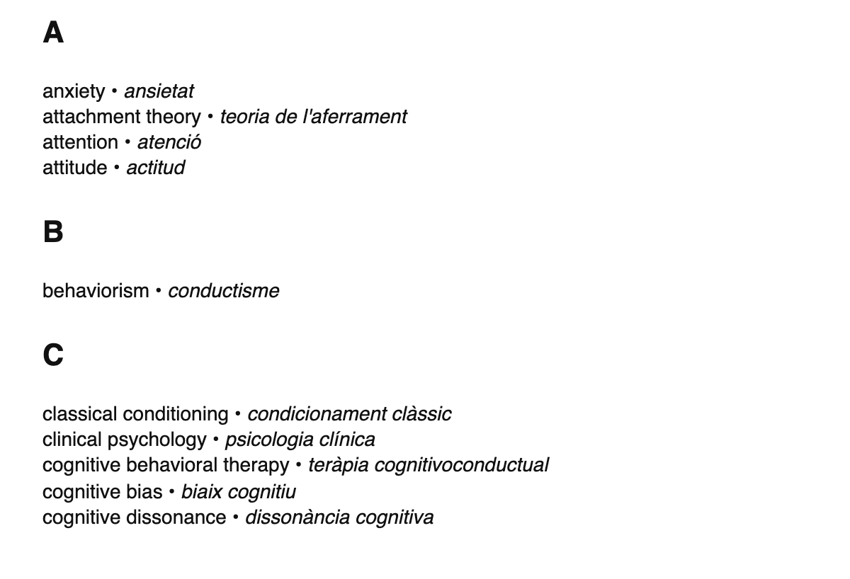 Psychology terms in Catalan
