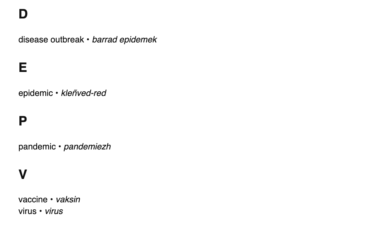 Virology terms in Breton