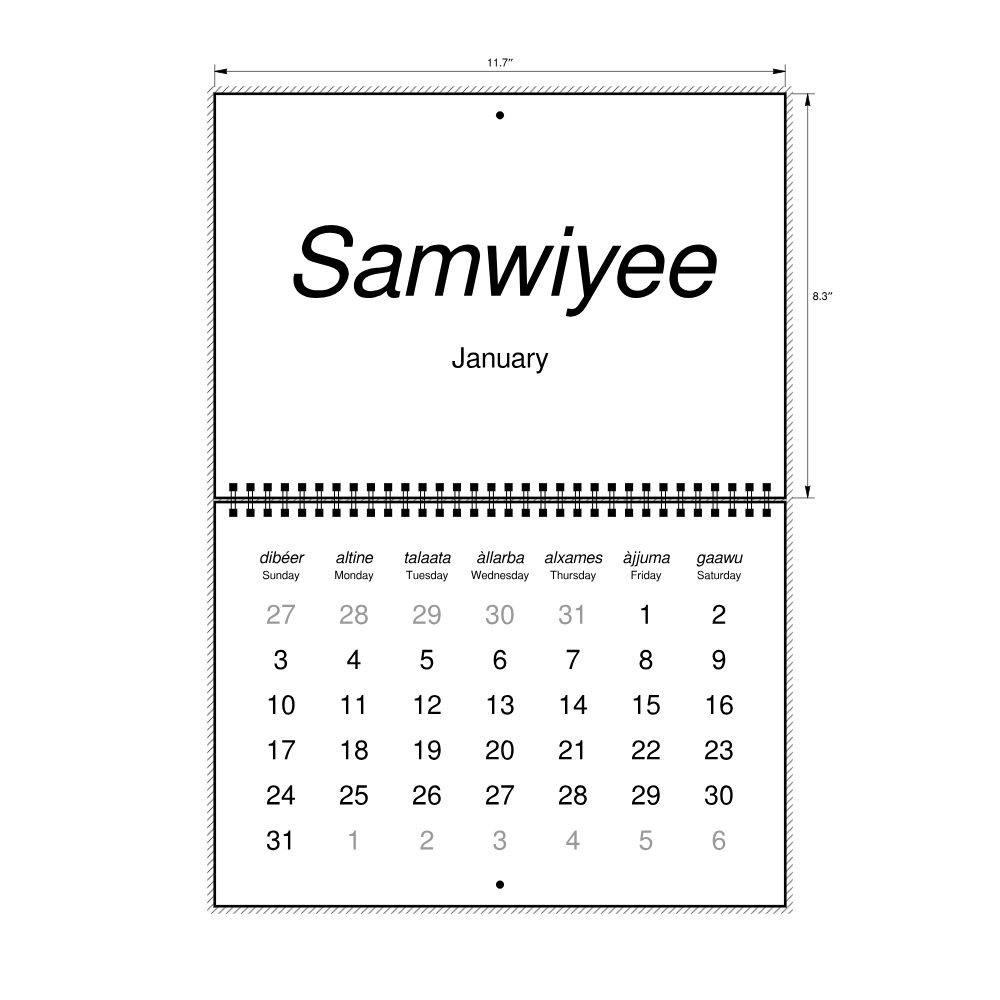 Leskoff 2027 Wall Calendar, Wolof/English-Labeled, Sunday-Start Layout, Wire-Bound, 11.7 x 8.3 in (29.7 x 21.0 cm), image 2 of 2
