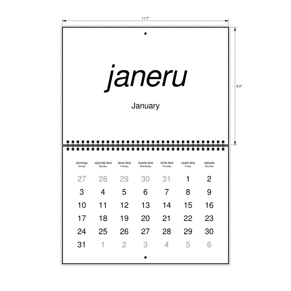 Leskoff 2027 Wall Calendar, Cape Verdean Creole/English-Labeled, Sunday-Start Layout, Wire-Bound, 11.7 x 8.3 in (29.7 x 21.0 cm), image 2 of 2