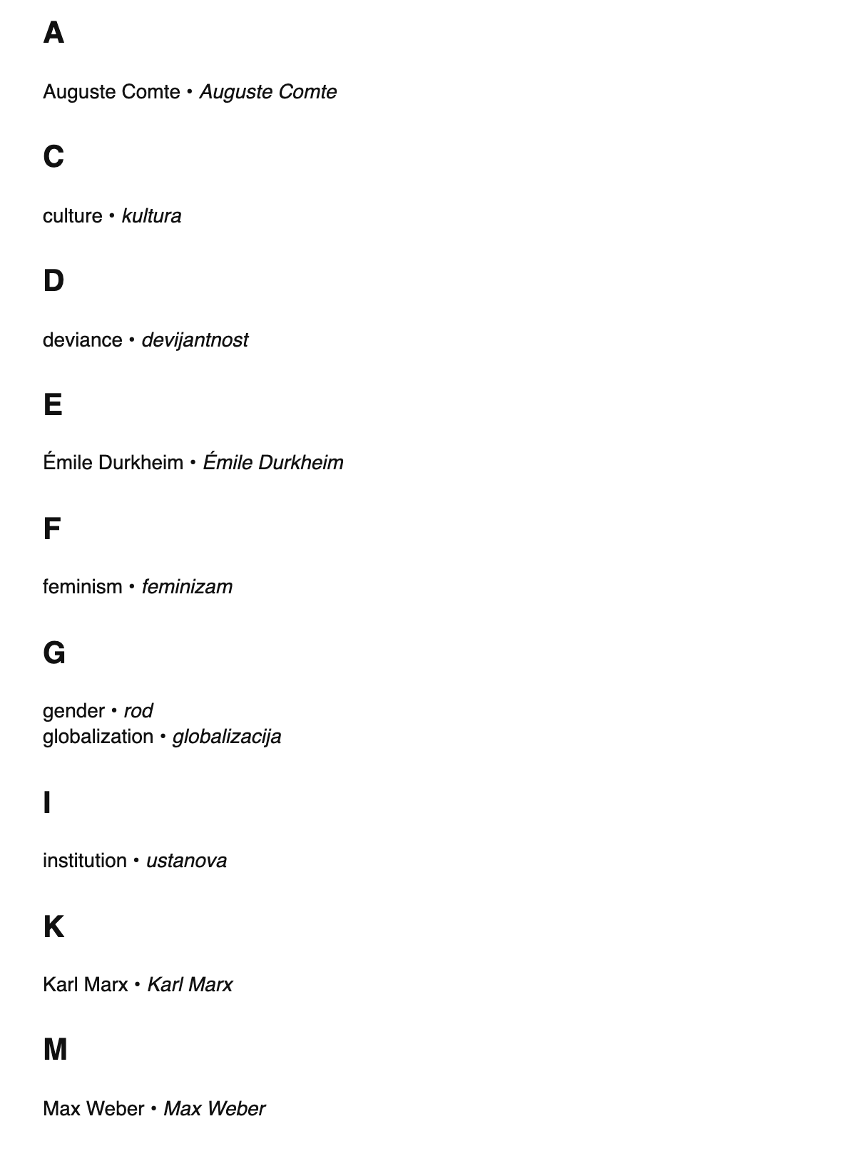 Sociology terms in Croatian