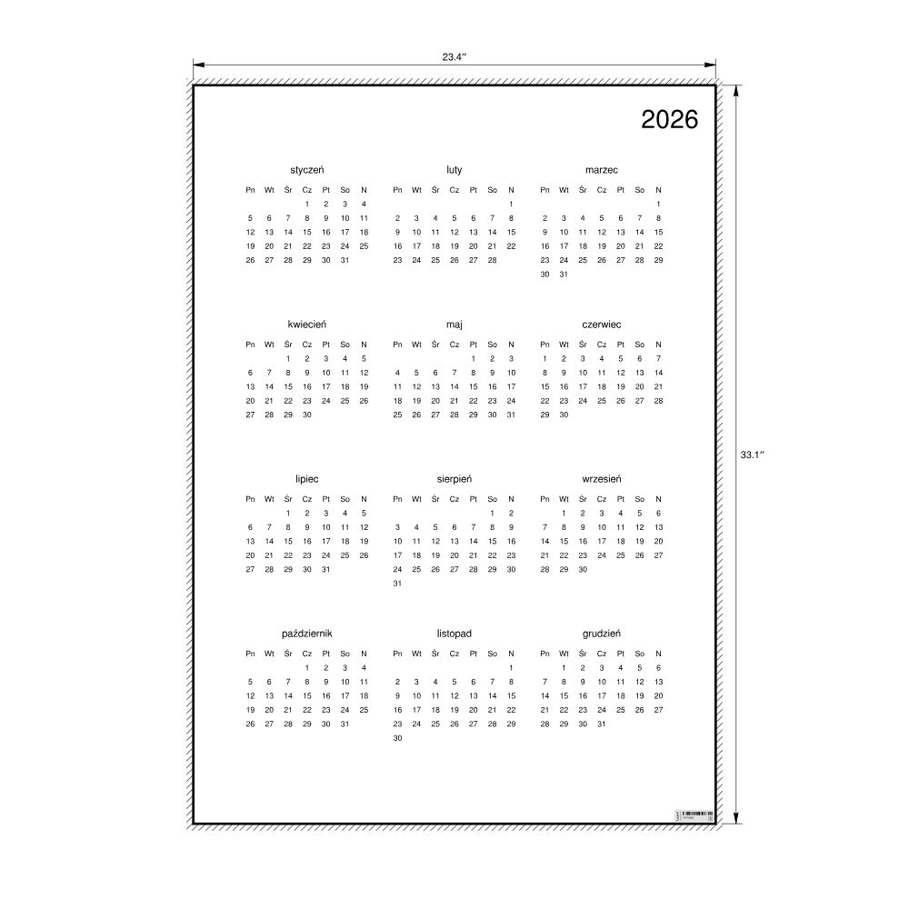 Leskoff 2026 Wall Calendar, Polish-Labeled, Monday-Start Layout, Poster / Wall Print, 23.4 x 33.1 in (59.4 x 84.1 cm), image 2 of 2