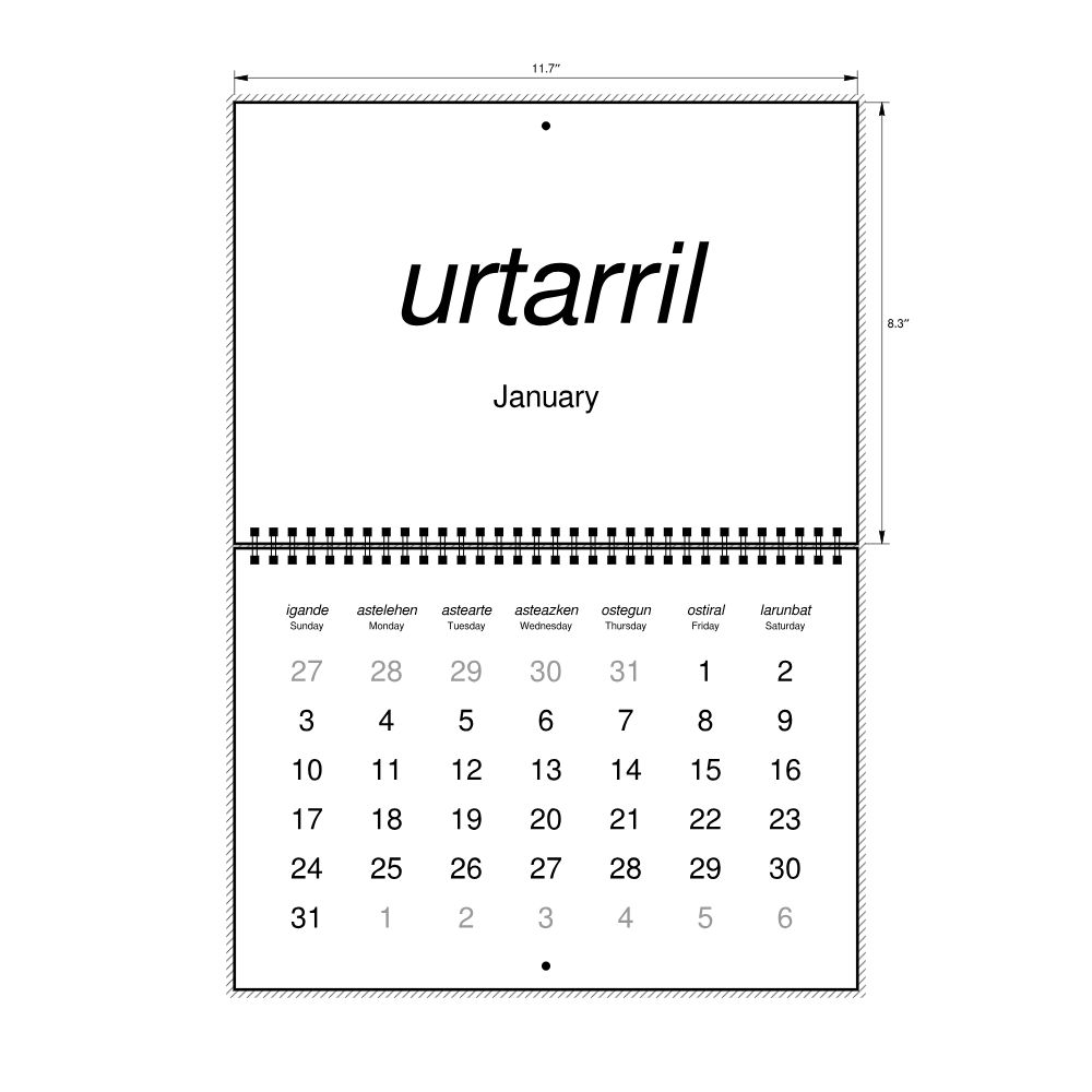 Leskoff 2027 Wall Calendar, Basque/English-Labeled, Sunday-Start Layout, Wire-Bound, 11.7 x 8.3 in (29.7 x 21.0 cm), image 2 of 2