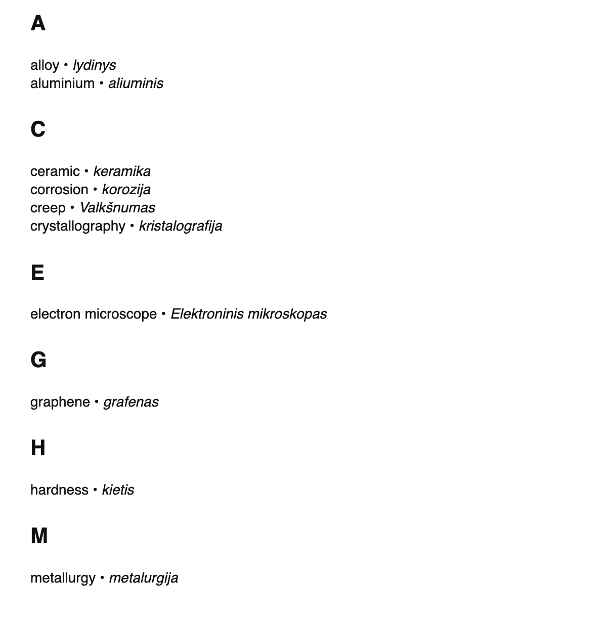 Materials science terms in Lithuanian