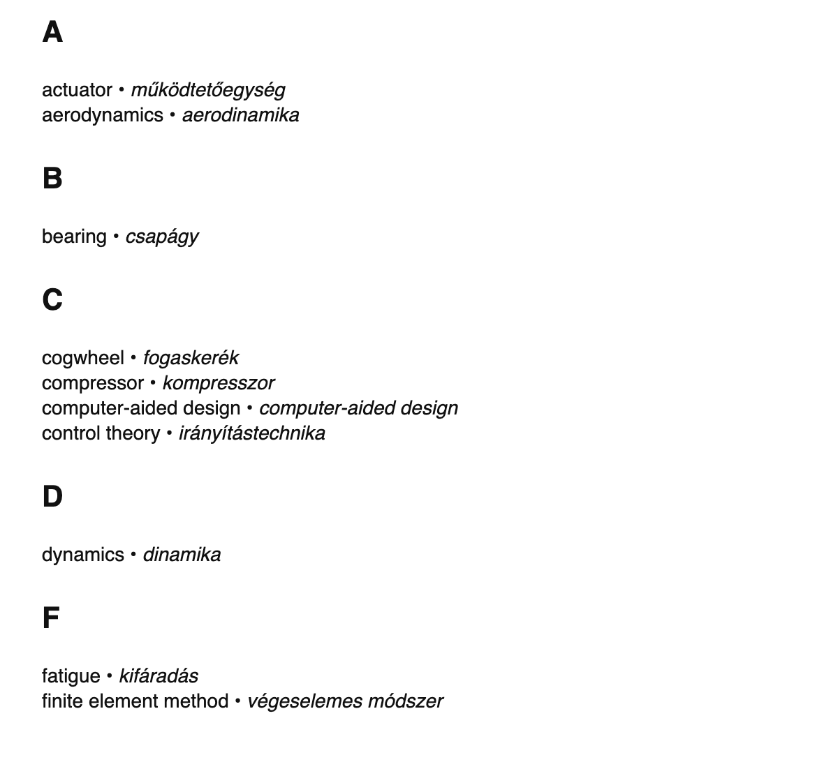 Mechanical engineering terms in Hungarian