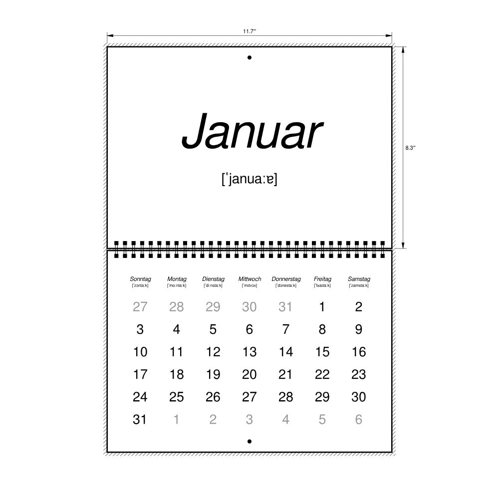Leskoff 2027 Phonetic Wall Calendar, German-Labeled with IPA, Sunday-Start Layout, Wire-Bound, 11.7 x 8.3 in (29.7 x 21.0 cm), image 2 of 2
