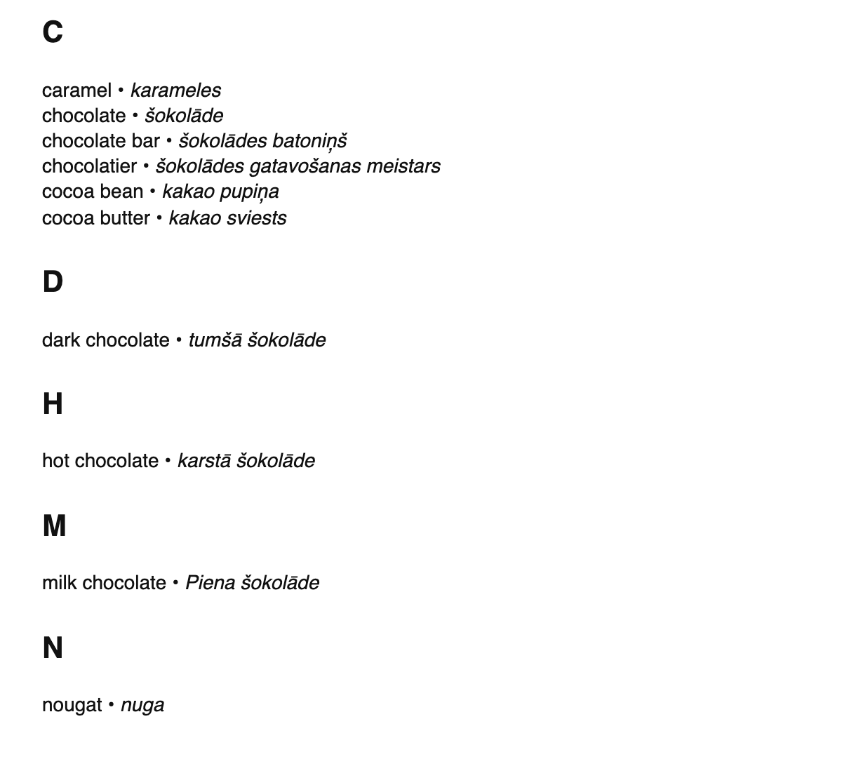 Chocolate terms in Latvian
