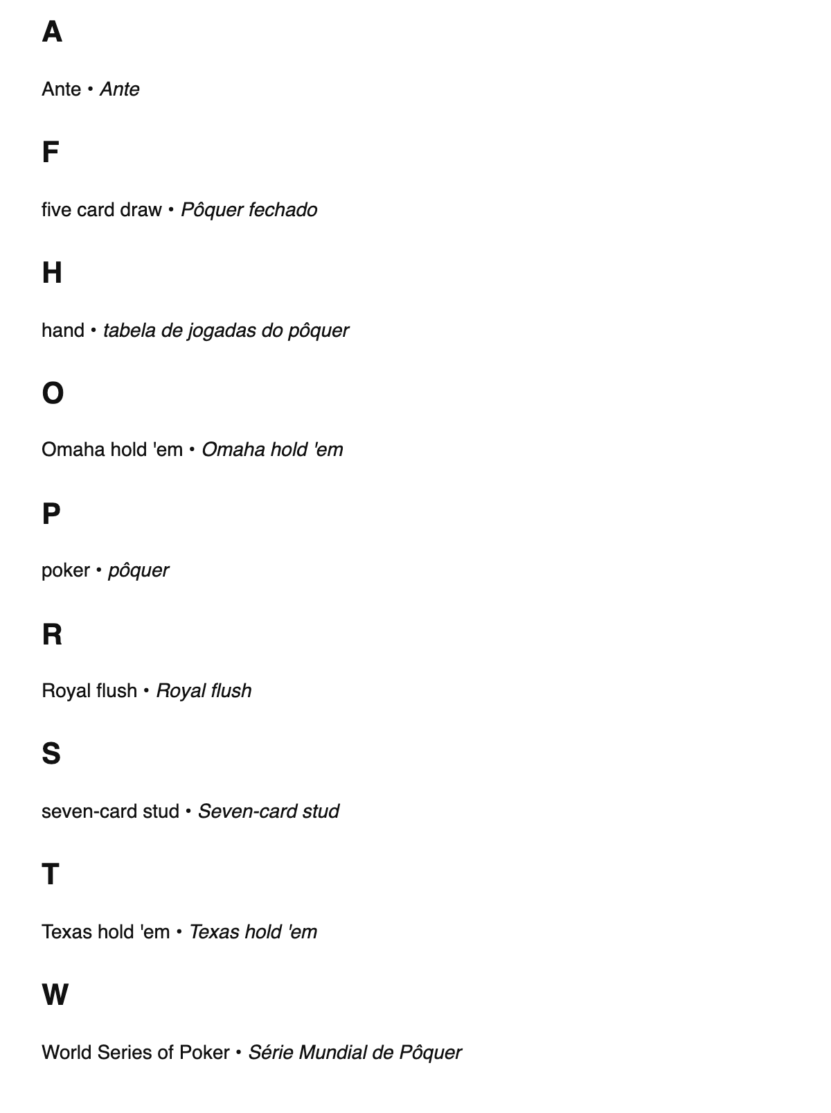 Poker terms in Portuguese