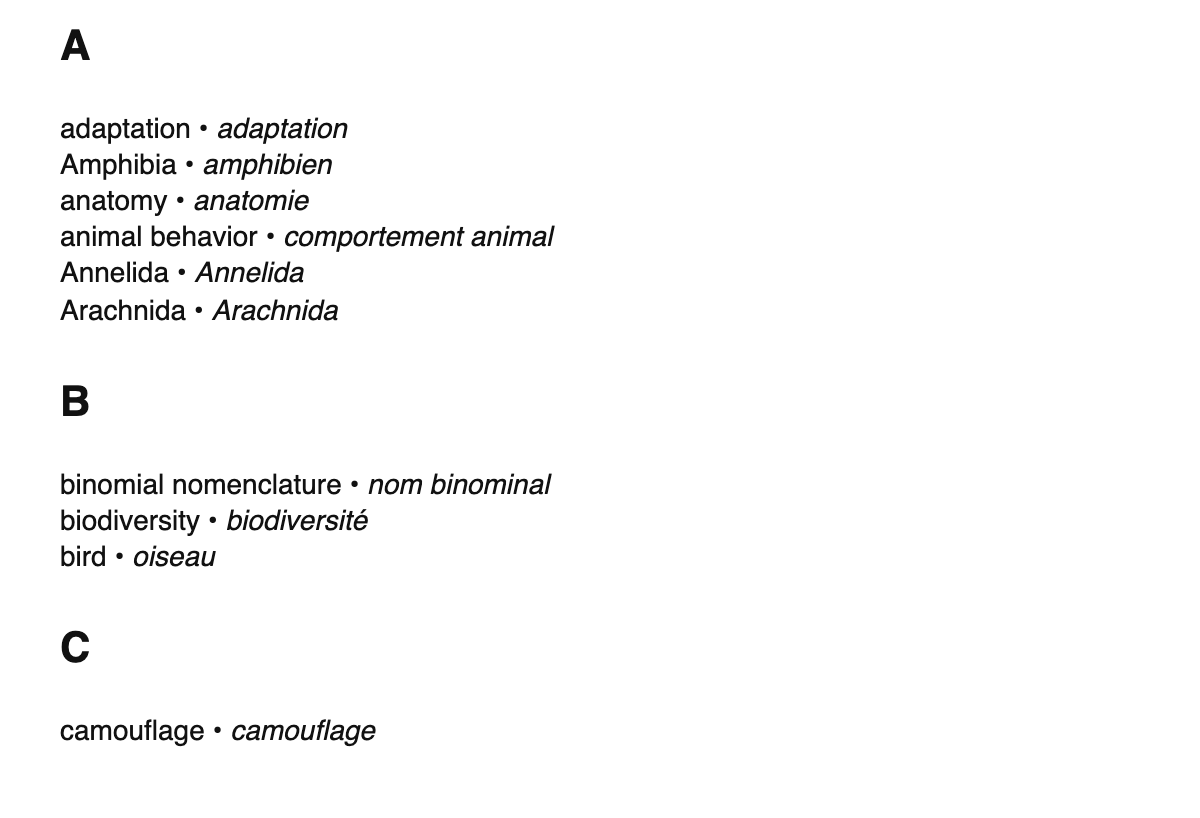 Zoology terms in French