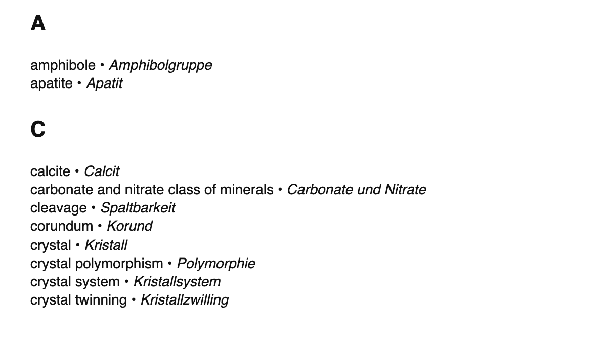 Mineralogy terms in German