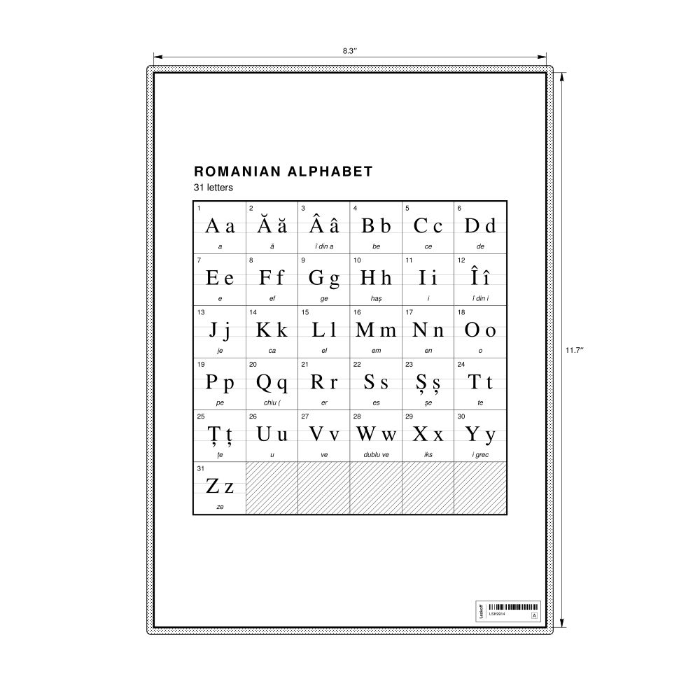 Leskoff Romanian Alphabet Chart, 8.3 x 11.7 in (21.0 x 29.7 cm, Desk Chart, Laminated), image 1 of 2