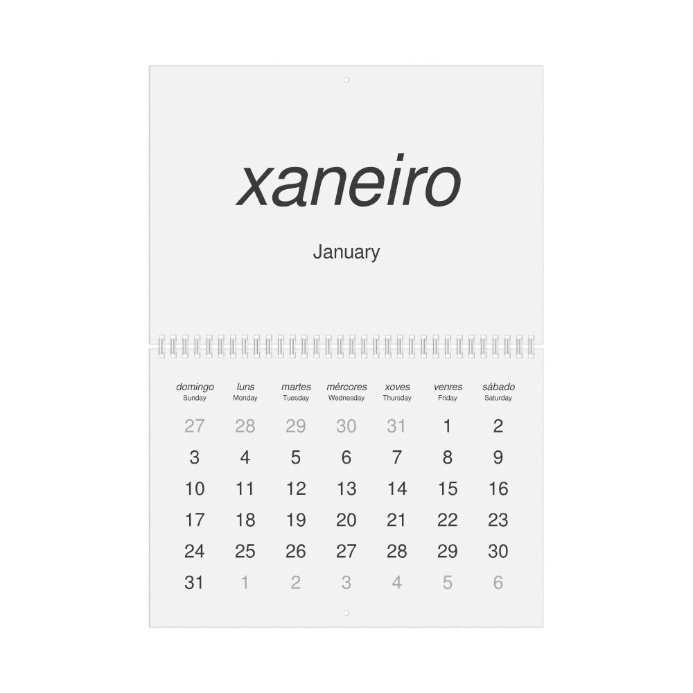 Leskoff 2027 Wall Calendar, Galician/English-Labeled, Sunday-Start Layout, Wire-Bound, 11.7 x 8.3 in (29.7 x 21.0 cm), image 1 of 1