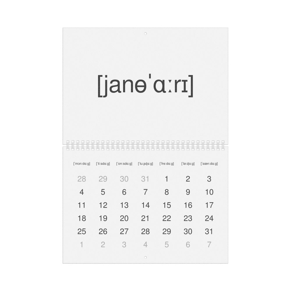 Leskoff 2027 Phonetic Wall Calendar, IPA-Labeled (Swedish), Monday-Start Layout, Wire-Bound, 11.7 x 8.3 in (29.7 x 21.0 cm), image 1 of 1