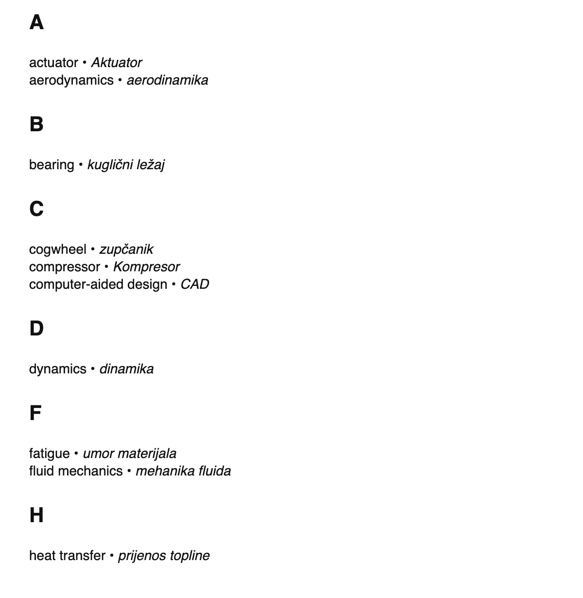 Mechanical engineering terms in Croatian