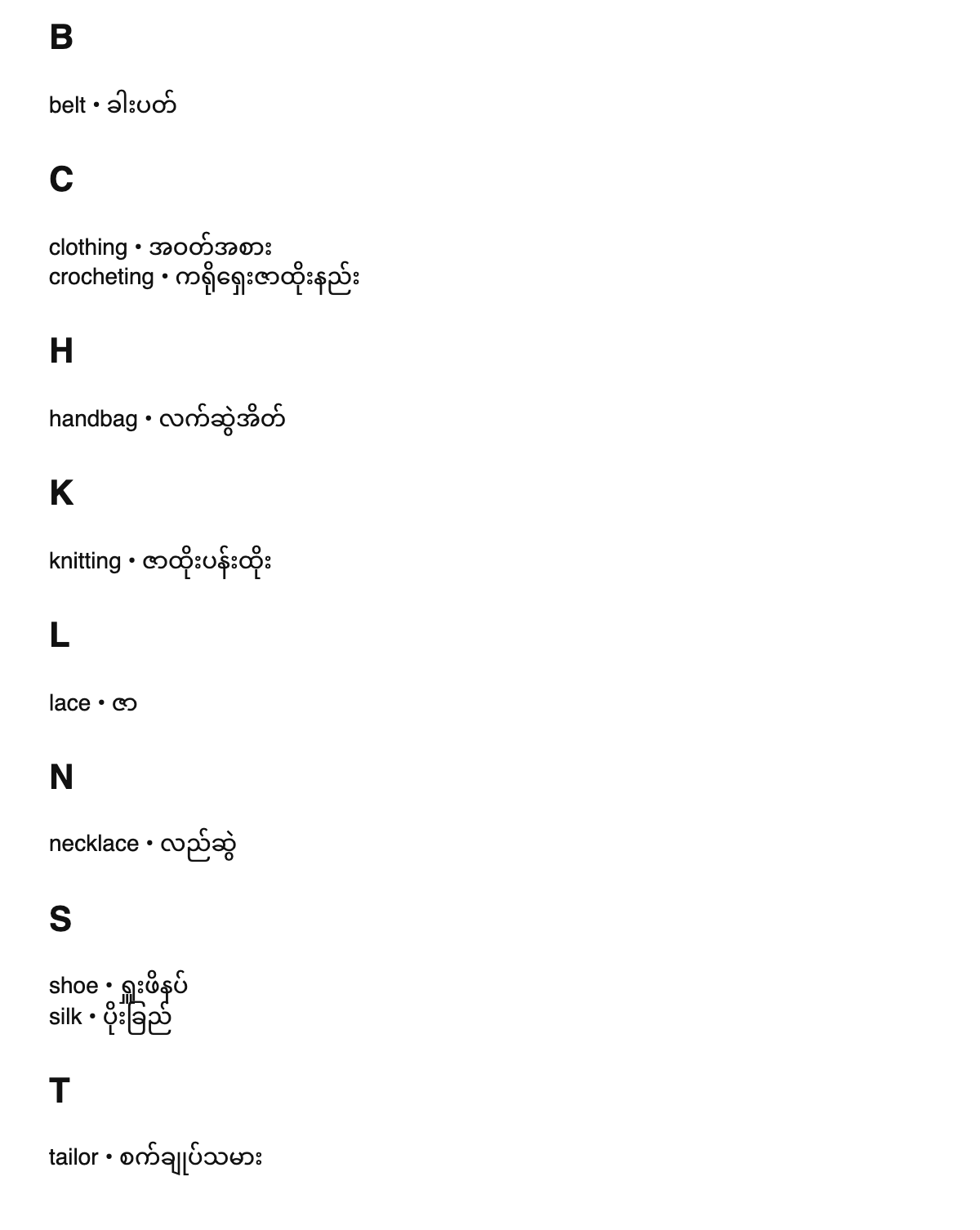 Fashion design terms in Burmese