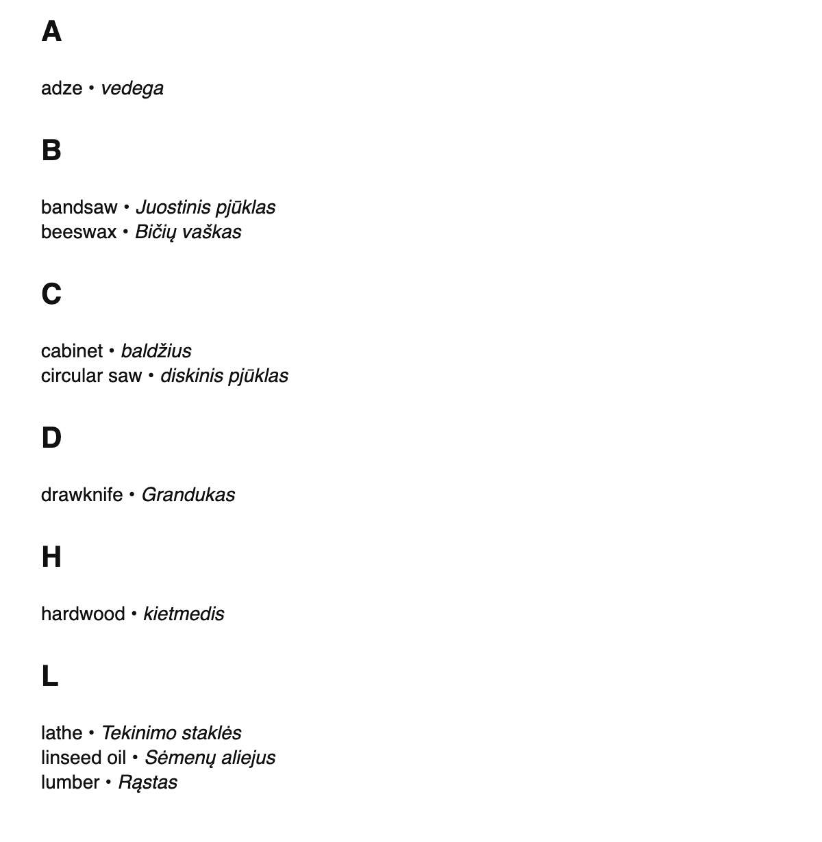 Woodworking terms in Lithuanian