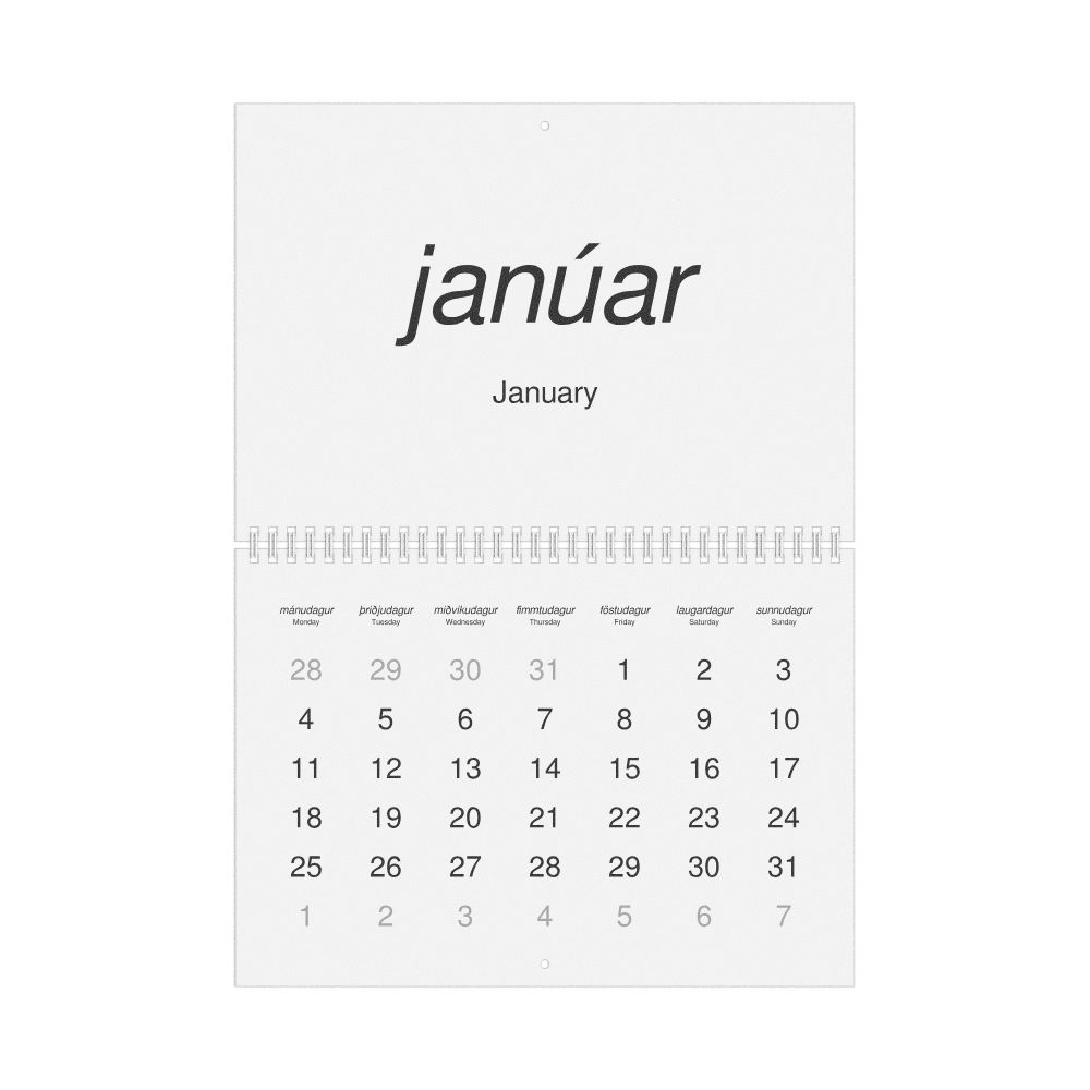 Leskoff 2027 Wall Calendar, Icelandic/English-Labeled, Monday-Start Layout, Wire-Bound, 11.7 x 8.3 in (29.7 x 21.0 cm), image 1 of 1