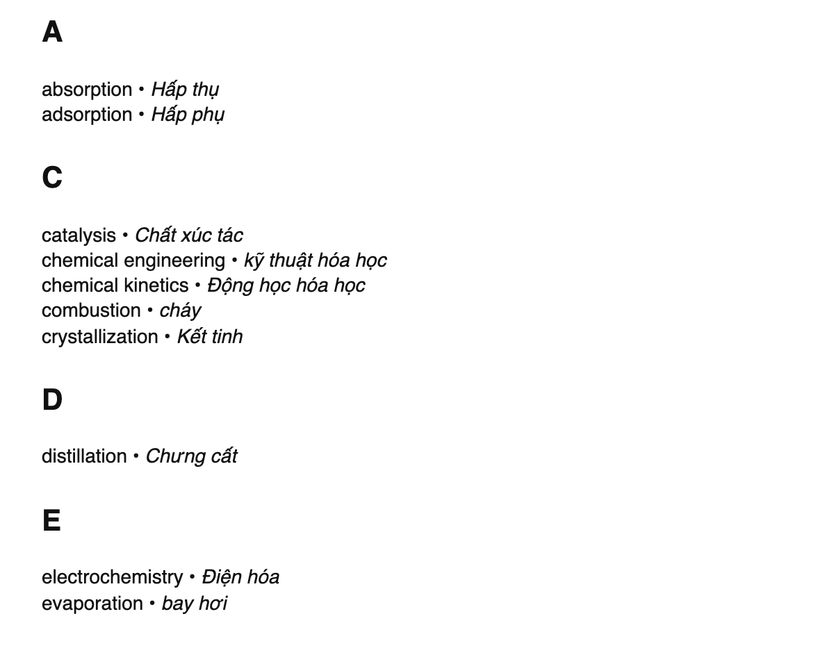 Chemical engineering terms in Vietnamese