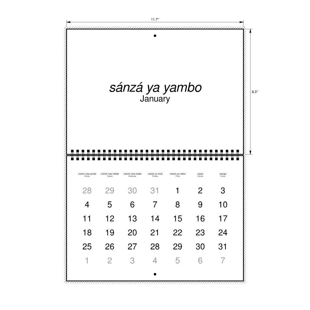 Leskoff 2027 Wall Calendar, Lingala/English-Labeled, Monday-Start Layout, Wire-Bound, 11.7 x 8.3 in (29.7 x 21.0 cm), image 2 of 2
