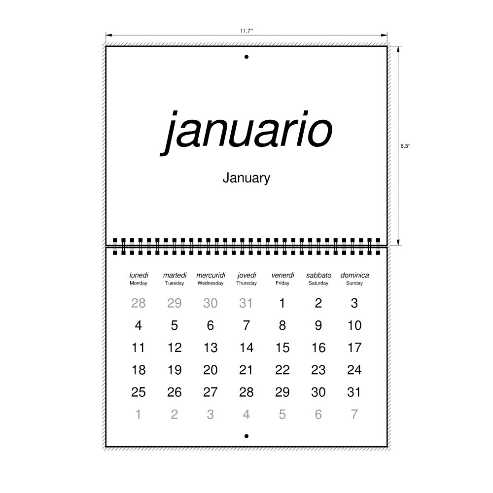Leskoff 2027 Wall Calendar, Interlingua/English-Labeled, Monday-Start Layout, Wire-Bound, 11.7 x 8.3 in (29.7 x 21.0 cm), image 2 of 2