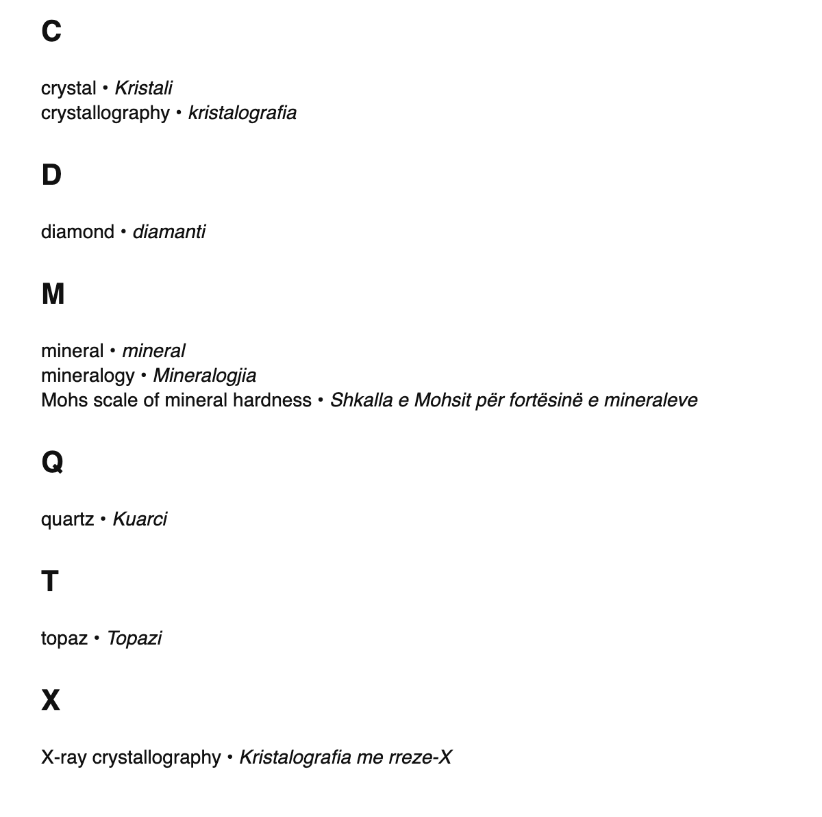 Mineralogy terms in Albanian