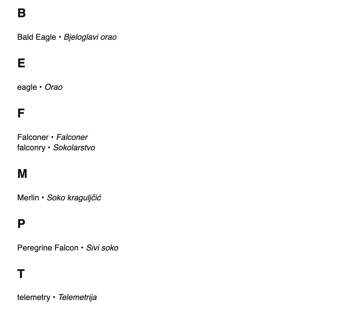Falconry terms in Bosnian