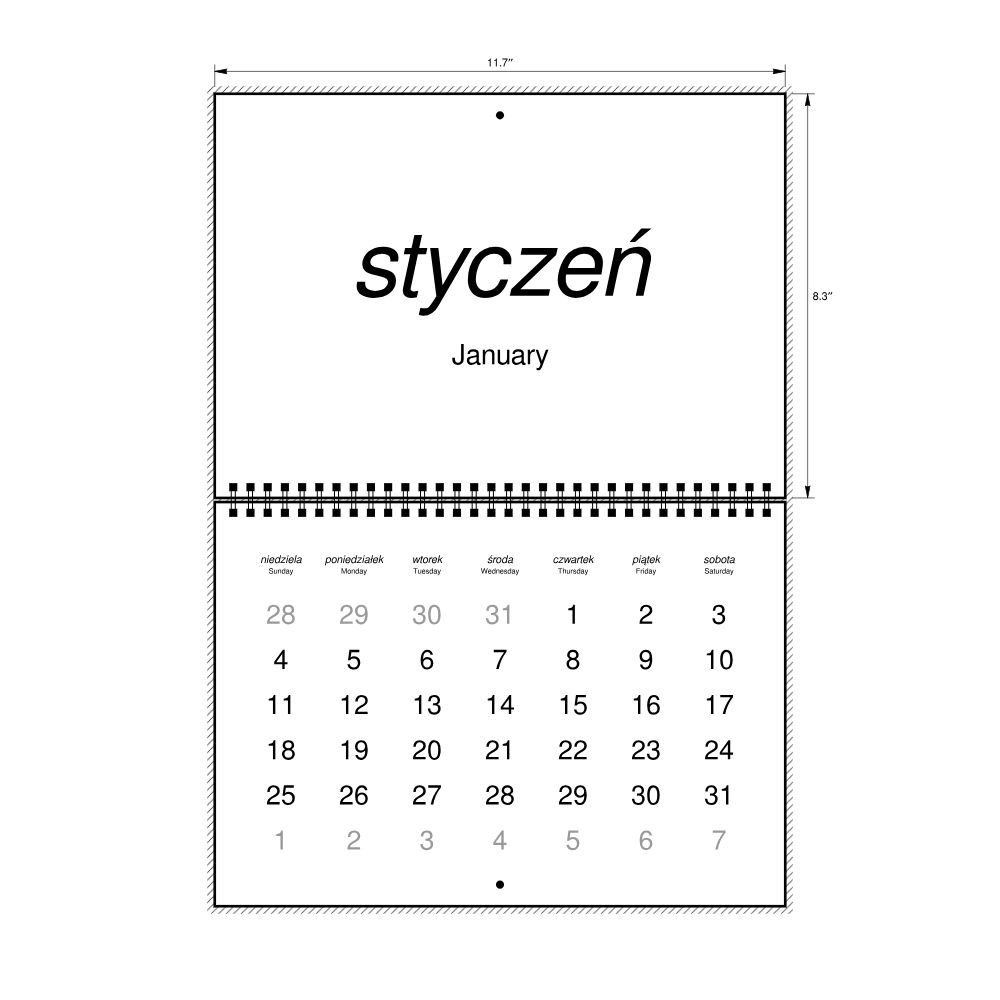 Leskoff 2026 Wall Calendar, Polish/English-Labeled, Sunday-Start Layout, Wire-Bound, 11.7 x 8.3 in (29.7 x 21.0 cm), image 2 of 2