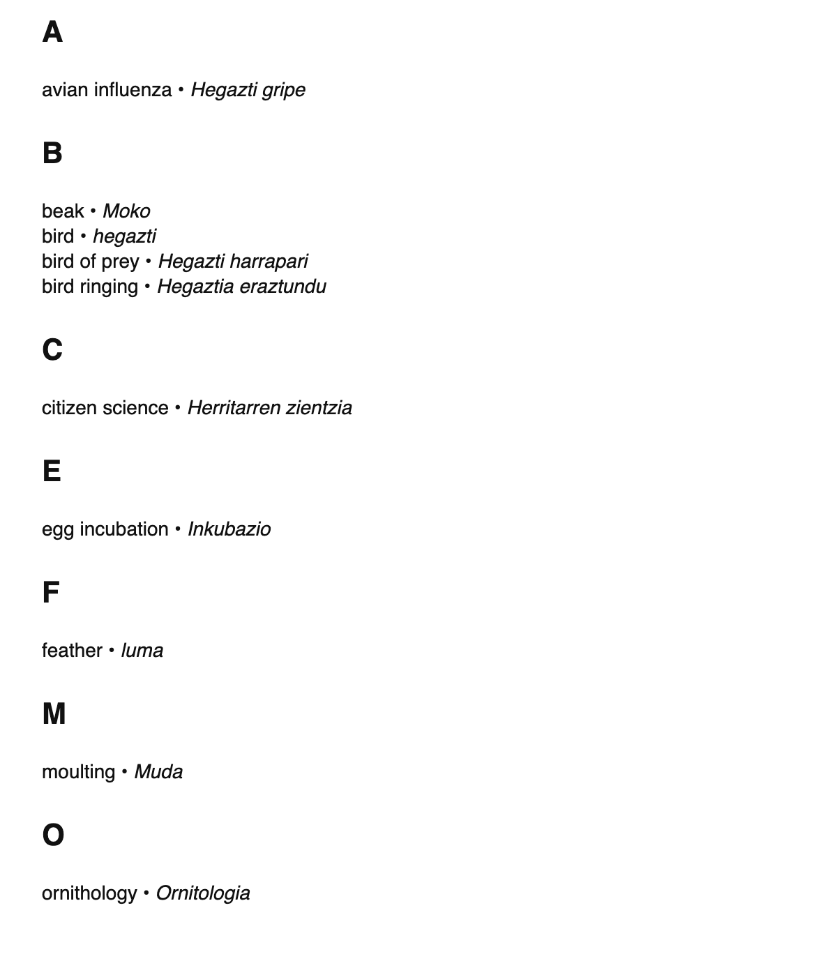 Ornithology terms in Basque