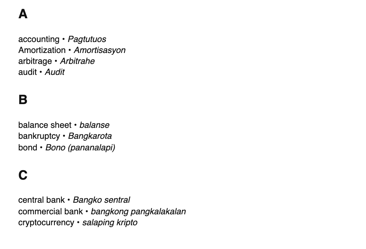 Finance terms in Tagalog