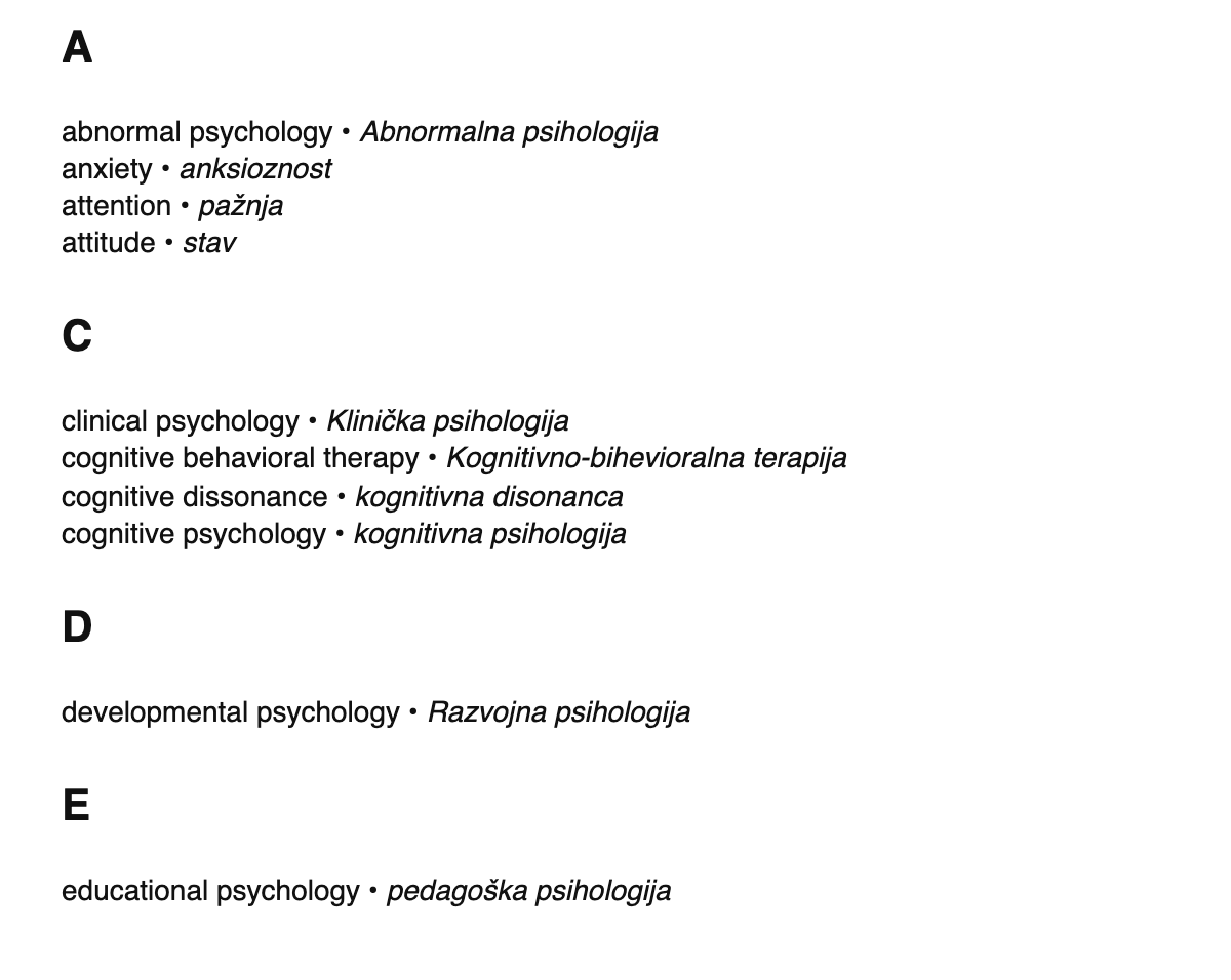 Psychology terms in Bosnian