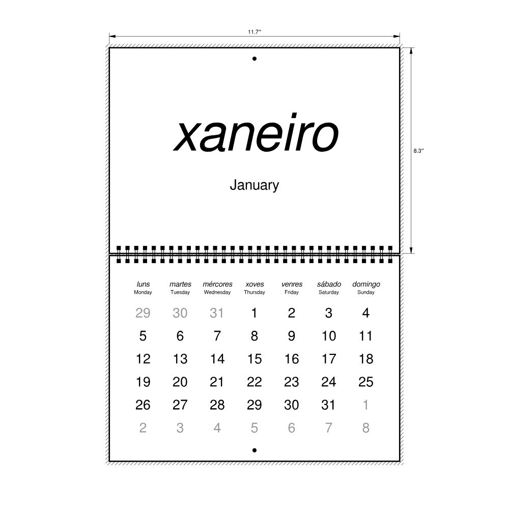 Leskoff 2026 Wall Calendar, Galician/English-Labeled, Monday-Start Layout, Wire-Bound, 11.7 x 8.3 in (29.7 x 21.0 cm), image 2 of 2