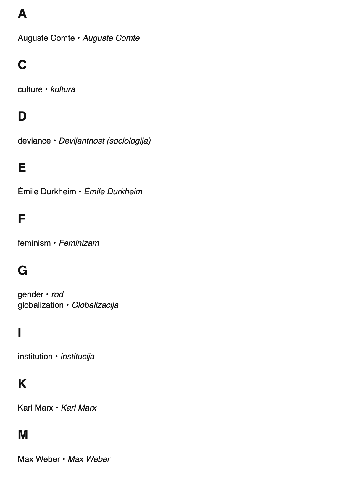 Sociology terms in Bosnian