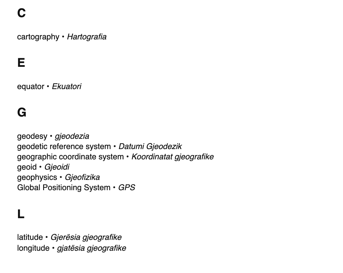 Geodesy terms in Albanian