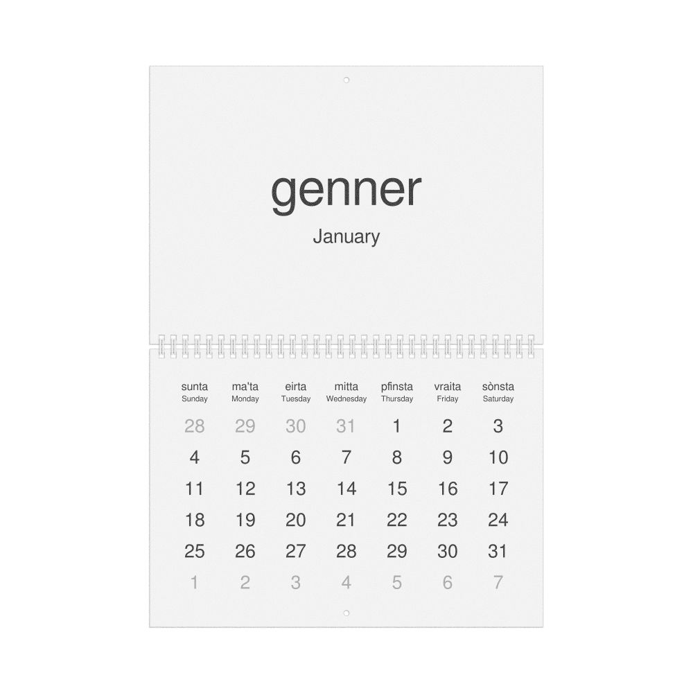 Leskoff 2026 Wall Calendar, Mòcheno/English-Labeled, Sunday-Start Layout, Wire-Bound, 11.7 x 8.3 in (29.7 x 21.0 cm), image 1 of 1