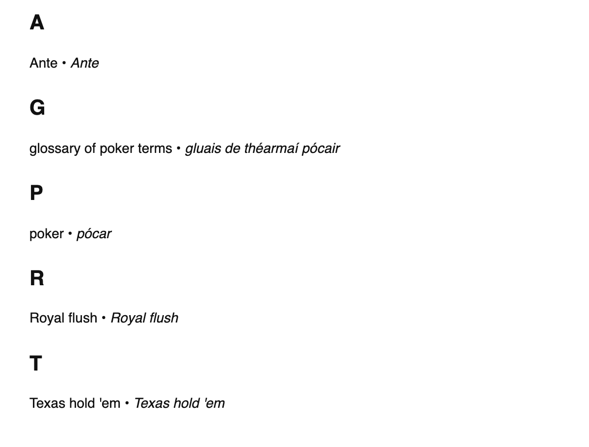 Poker terms in Irish