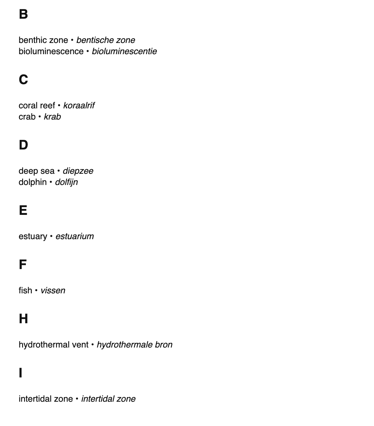 Marine biology terms in Dutch