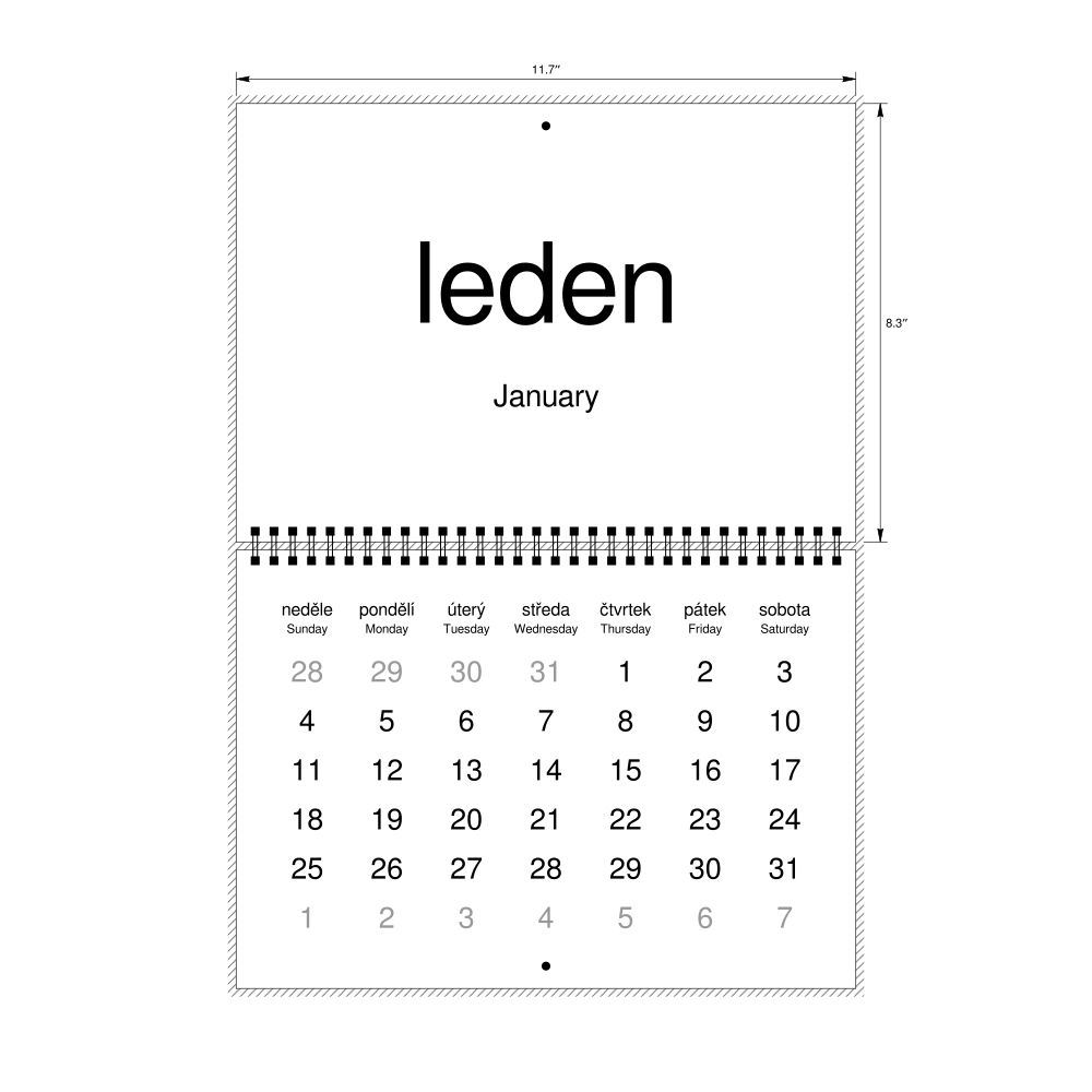 Leskoff 2026 Wall Calendar, Czech/English-Labeled, Sunday-Start Layout, Wire-Bound, 11.7 x 8.3 in (29.7 x 21.0 cm), image 2 of 2