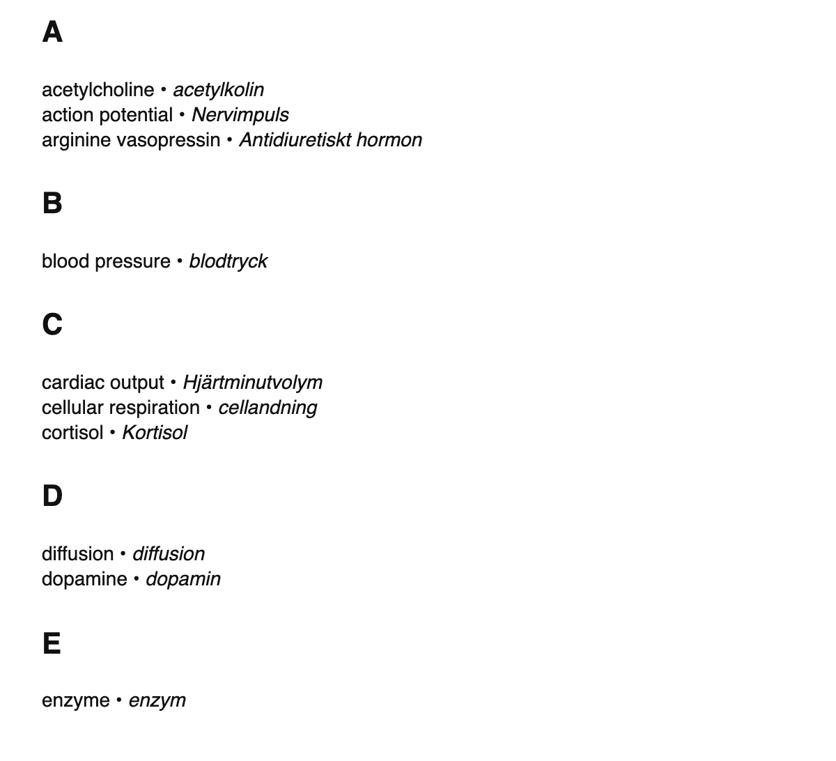 Physiology terms in Swedish