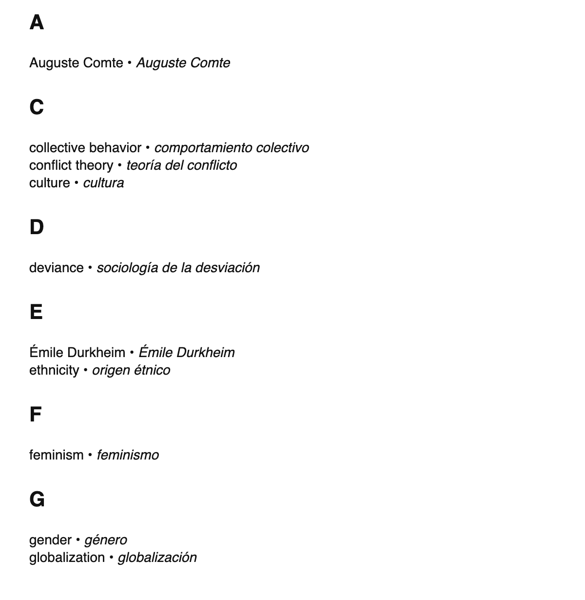 Sociology terms in Spanish