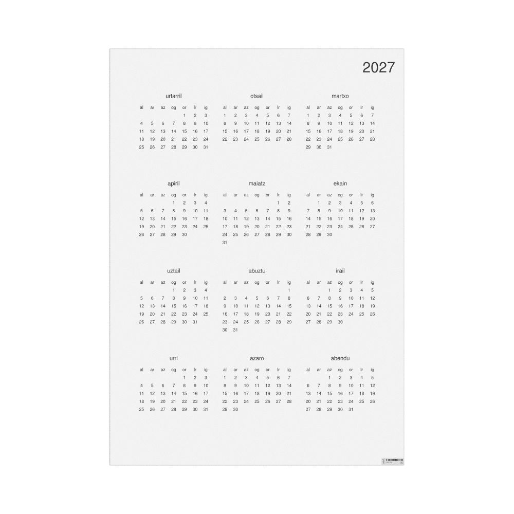 Leskoff 2027 Wall Calendar, Basque-Labeled, Monday-Start Layout, Poster / Wall Print, 23.4 x 33.1 in (59.4 x 84.1 cm), image 1 of 1