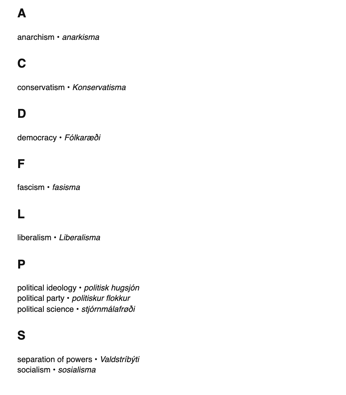 Political science terms in Faroese