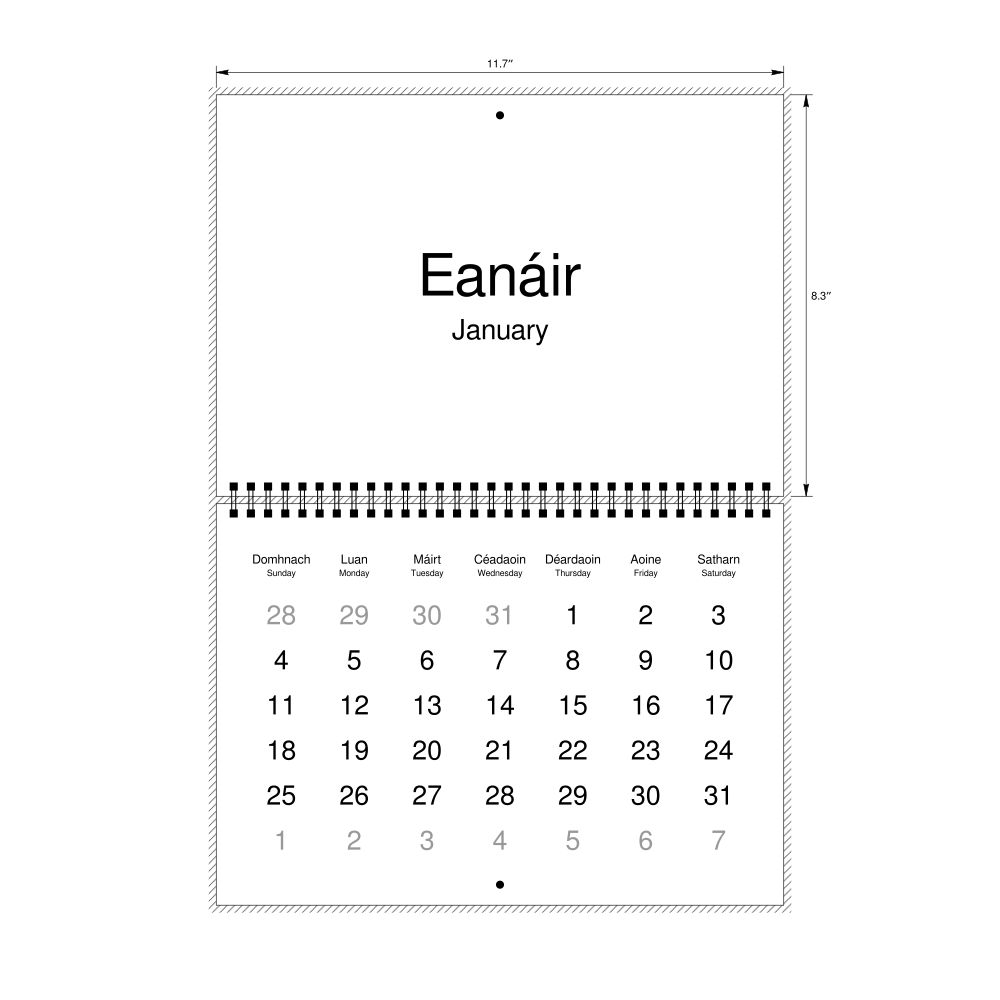 Leskoff 2026 Wall Calendar, Irish/English-Labeled, Sunday-Start Layout, Wire-Bound, 11.7 x 8.3 in (29.7 x 21.0 cm), image 2 of 2