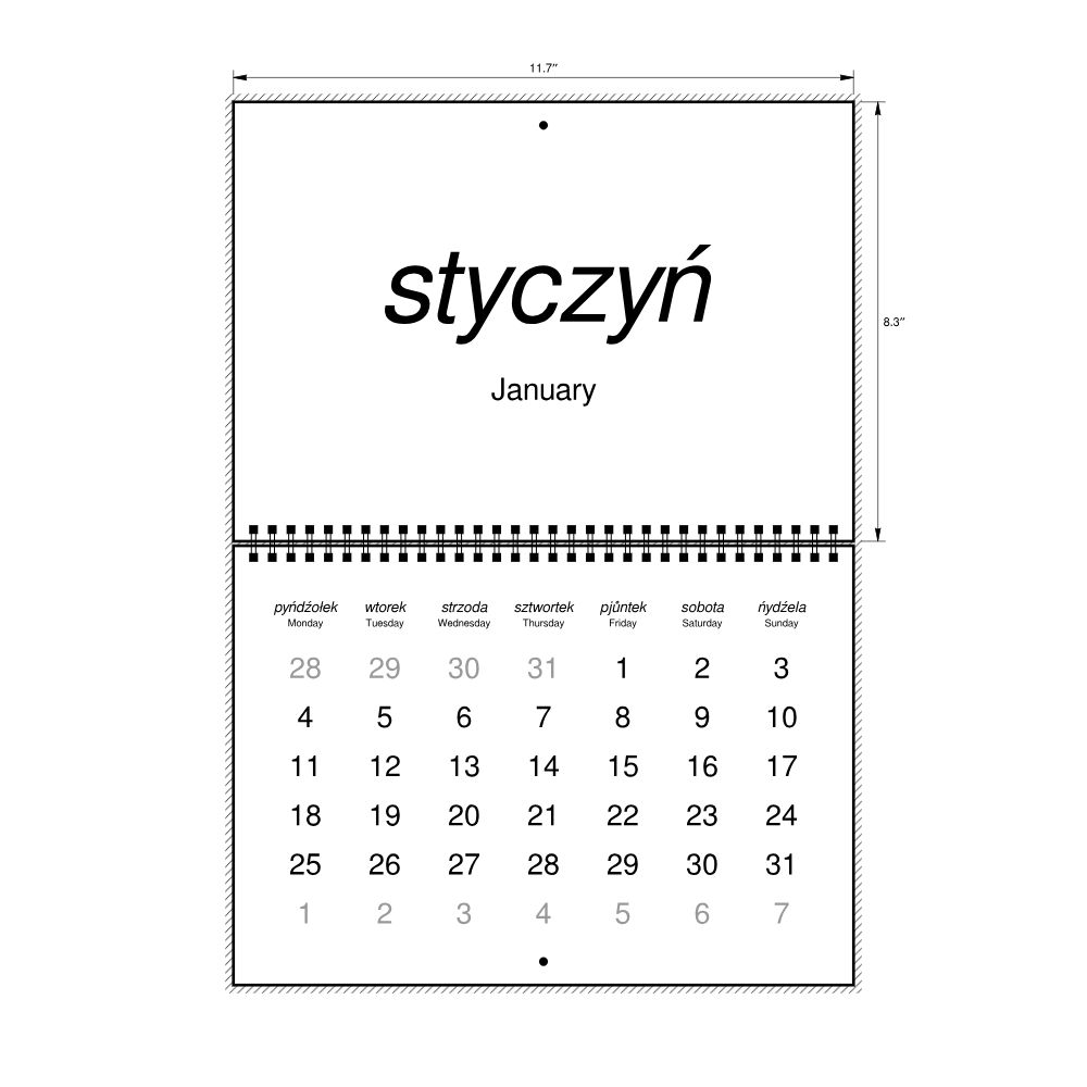 Leskoff 2027 Wall Calendar, Silesian/English-Labeled, Monday-Start Layout, Wire-Bound, 11.7 x 8.3 in (29.7 x 21.0 cm), image 2 of 2