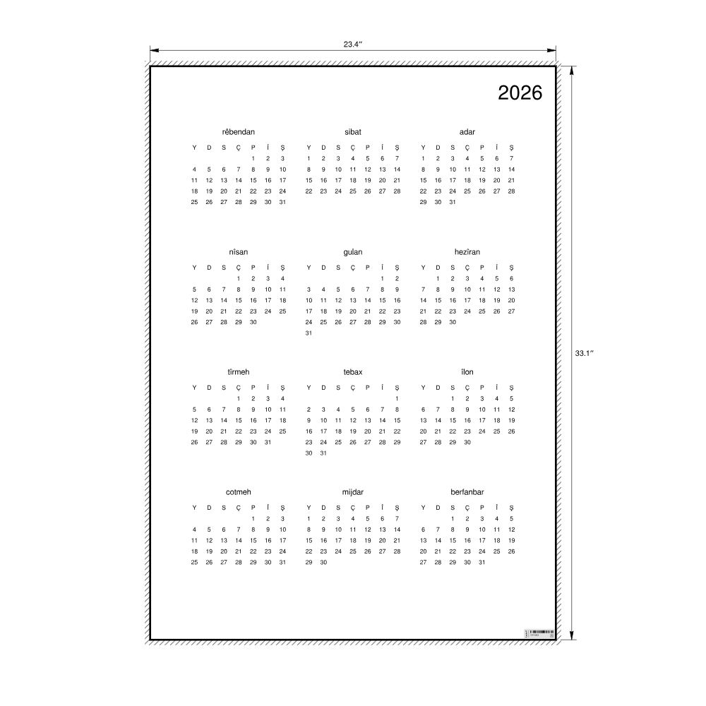 Leskoff 2026 Wall Calendar, Kurdish-Labeled, Sunday-Start Layout, Poster / Wall Print, 23.4 x 33.1 in (59.4 x 84.1 cm), image 2 of 2