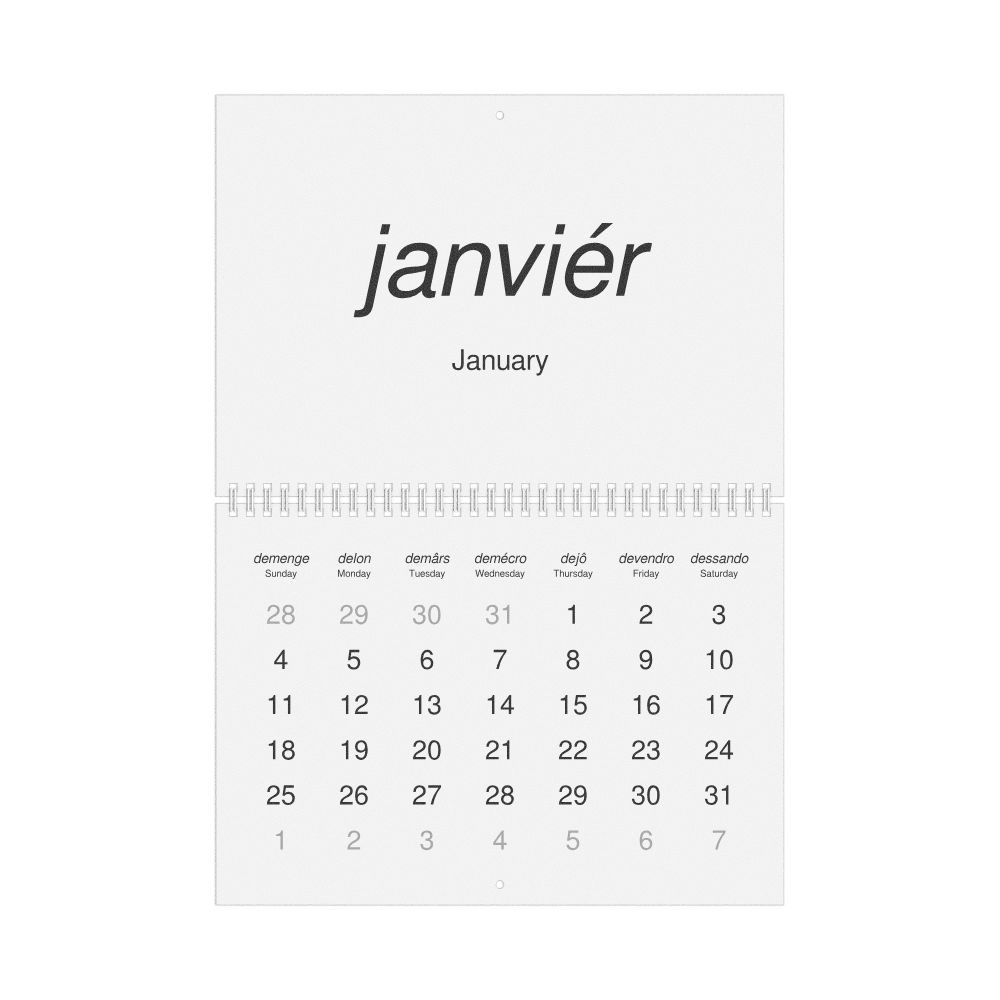 Leskoff 2026 Wall Calendar, Franco-Provençal/English-Labeled, Sunday-Start Layout, Wire-Bound, 11.7 x 8.3 in (29.7 x 21.0 cm), image 1 of 1