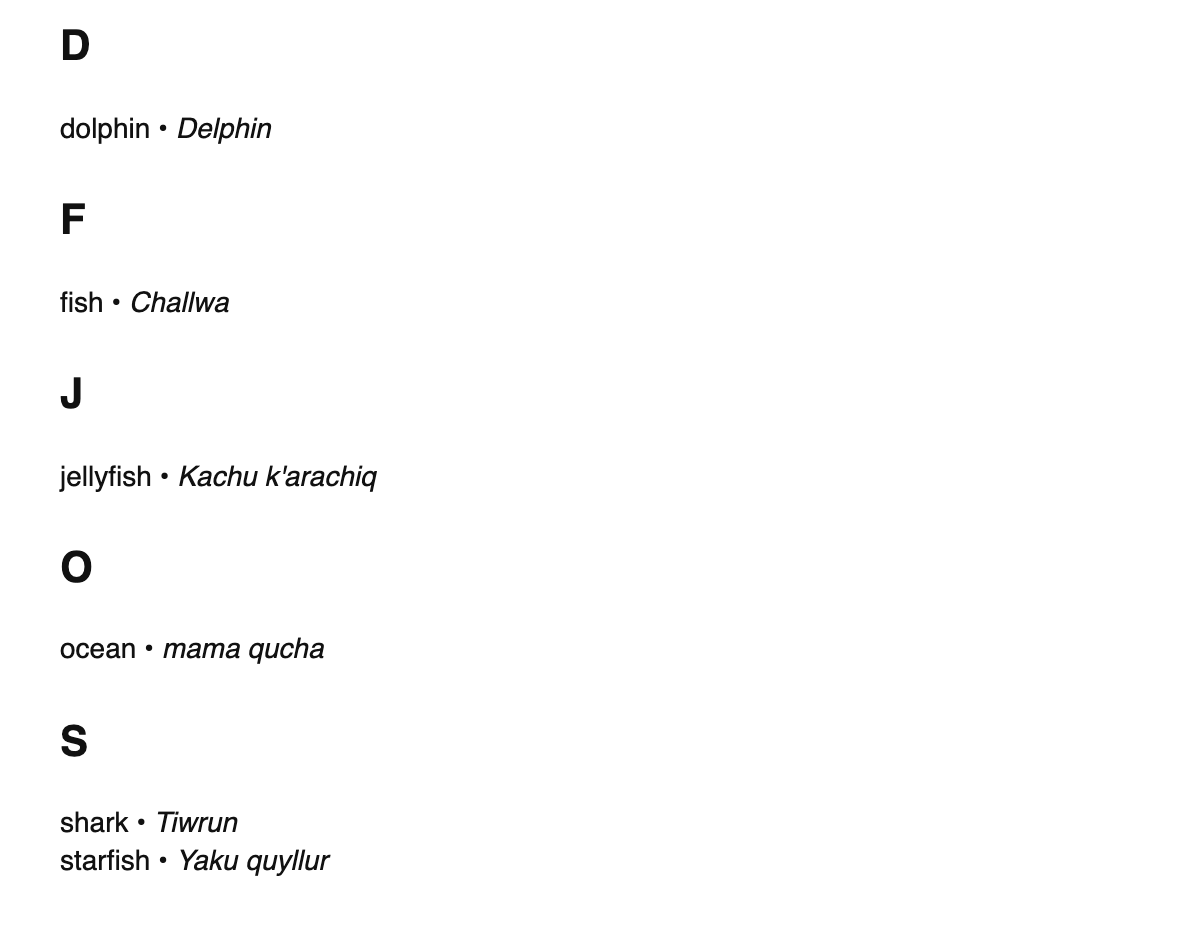 Marine biology terms in Quechua
